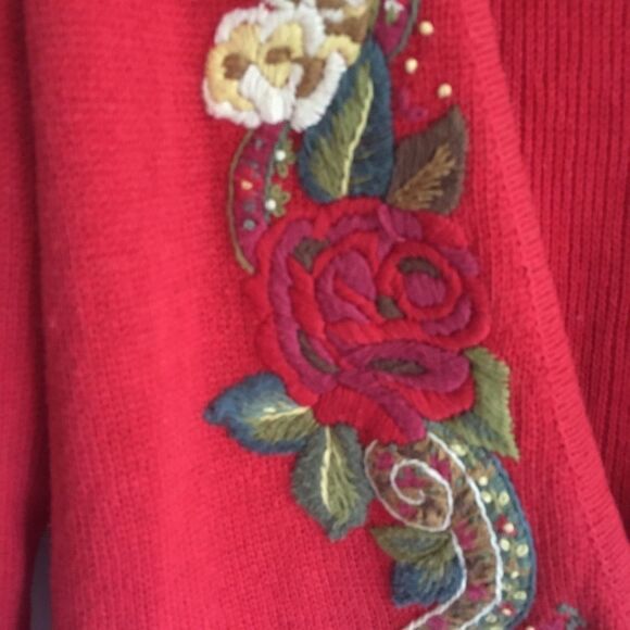 HERMAN GEIST Hand Floral Embroidered Embellished Cardigan Sweater Red S - Picture 8 of 8